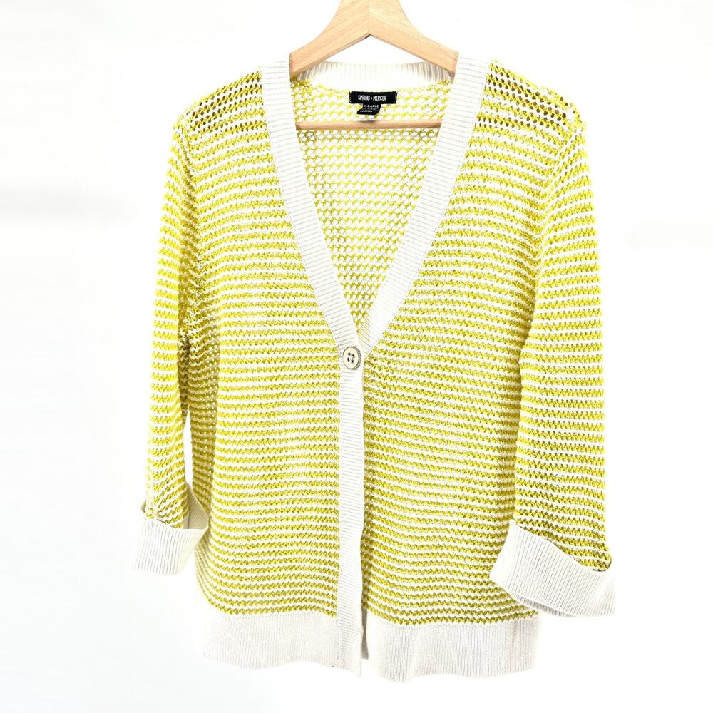 Spring + Mercer Yellow White Striped Knit Cotton Blend Cardigan